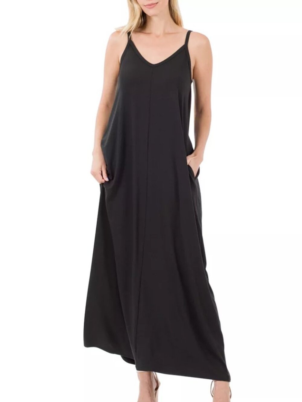 Women’s V-Neck Cami Maxi Dress with Side Pockets Casual Summer - Picture 3 of 3